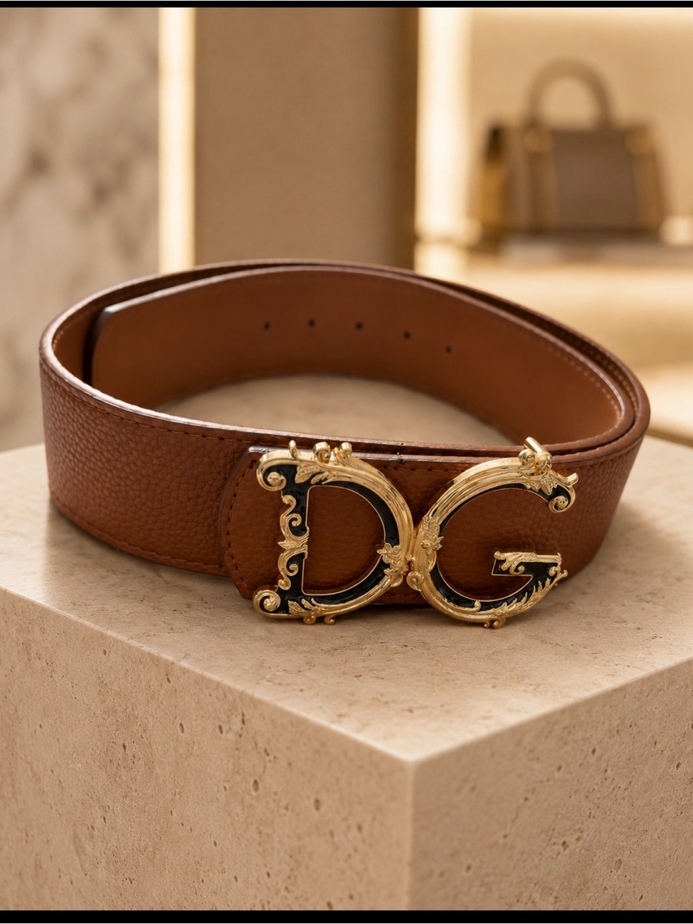 Brown Leather Logo Buckle Belt designer